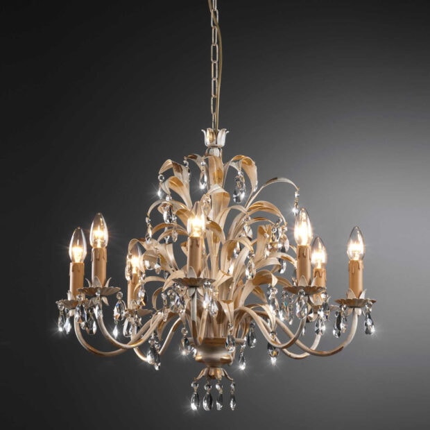 Elegant chandelier with crystal decorations and light bulbs shining brightly   Copy