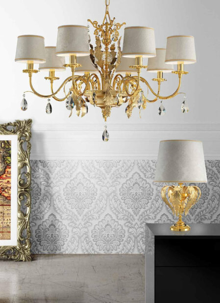 Elegant gold chandelier with classic lamp shades hanging over an ornate interior setting   Copy