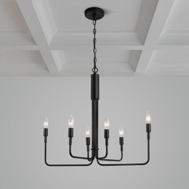 Modern chandelier with black metal frame and lit bulbs hanging from ceiling