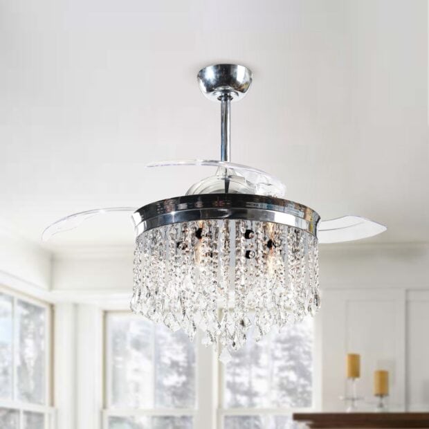 Modern chandelier with crystal beads hanging from ceiling mount