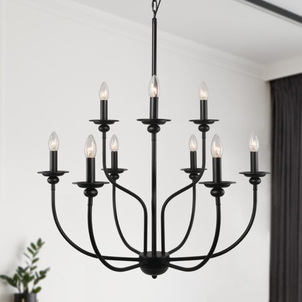 Black chandelier with ten lit bulbs hanging in a modern interior space