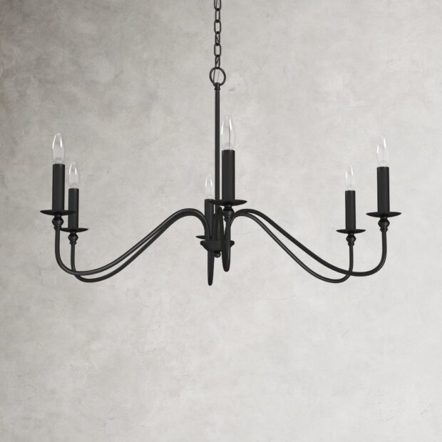 Black metal chandelier with six candle lights hanging on a chain against a textured wall   Copy