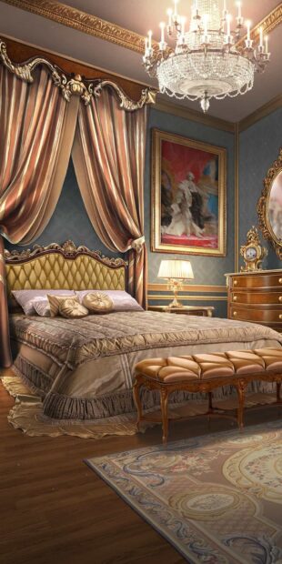Elegant chandelier illuminating a luxurious bedroom with classic curtains and ornate furniture   Copy