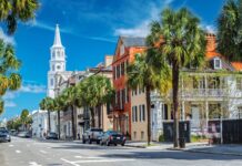 Historic Charleston South Carolina street lined with palm trees and colorful buildings