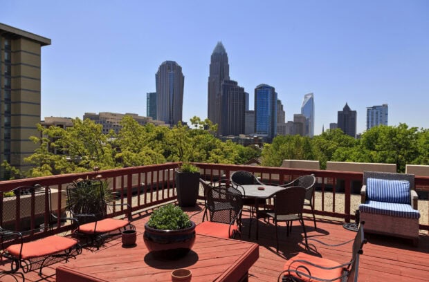 This image shows the Charlotte North Carolina skyline with outdoor seating and clear blue skies, HD Desktop Wallpaper