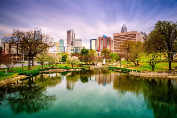 The Charlotte North Carolina skyline is reflected in the calm river with spring trees surrounding it, HD Desktop Wallpaper
