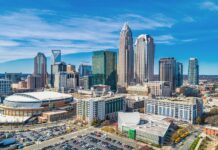 The Charlotte North Carolina Wallpapers show the urban skyline on a bright day, HD Desktop Wallpaper