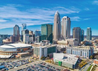 The Charlotte North Carolina Wallpapers show the urban skyline on a bright day, HD Desktop Wallpaper