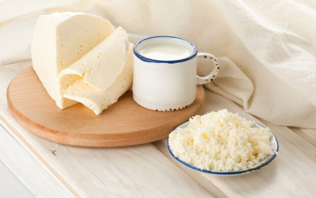 Fresh cheese and milk placed on a wooden board and plate in a bright setting