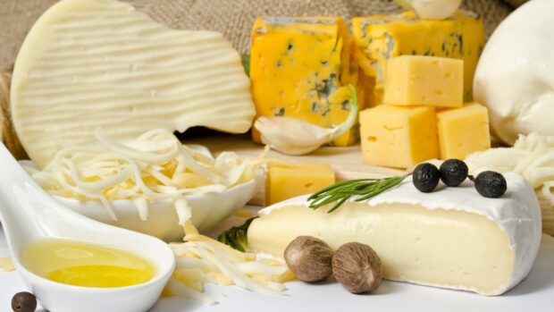 A variety of cheese with different textures and colors on a wooden board including blue cheese and soft cheese