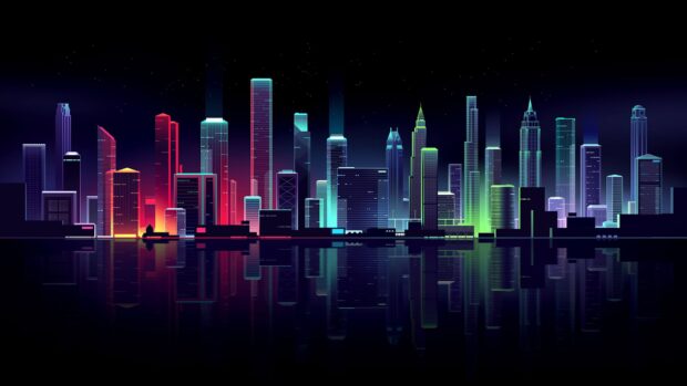 A vibrant city skylines scene reflecting colorful lights on water at night