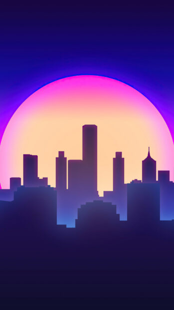 A vibrant city skylines at sunset with colorful sky and high rise buildings silhouette