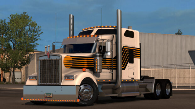 A classic Kenworth truck with orange stripes is parked near an industrial building, 4K Desktop Wallpaper