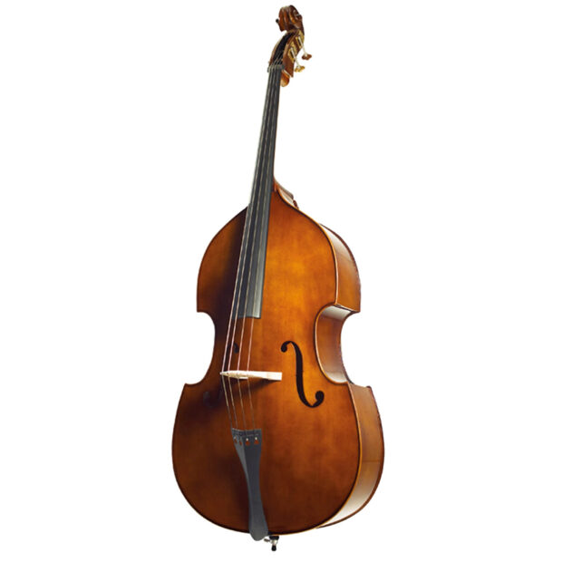 A classic double bass with a polished wood body and metal strings against a white background, HD Desktop Wallpaper