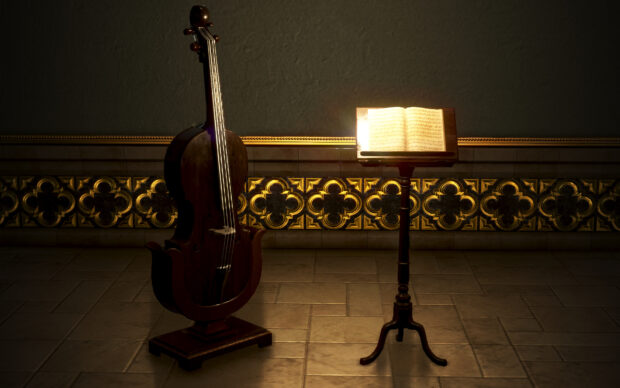 A classic double bass stands next to a glowing music stand with sheet music in an elegant room, HD Desktop Wallpaper