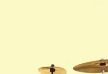 Drum set in wheat field during golden hour.