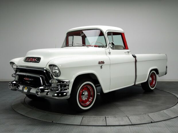 A vintage white GMC truck with red details is shown in a clean studio setting for GMC Wallpapers, HD Desktop Wallpaper
