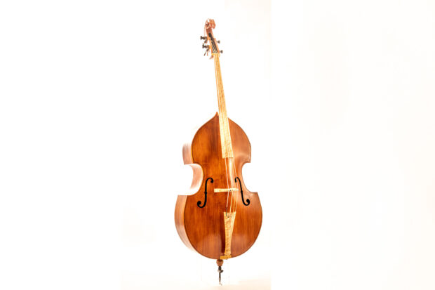 A classic wooden double bass stands upright with detailed craftsmanship on a white background, HD Mobile Wallpaper
