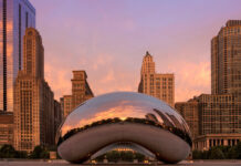 Cloud Gate Chicago reflects the colorful sunset and city skyline, HD Desktop Wallpaper