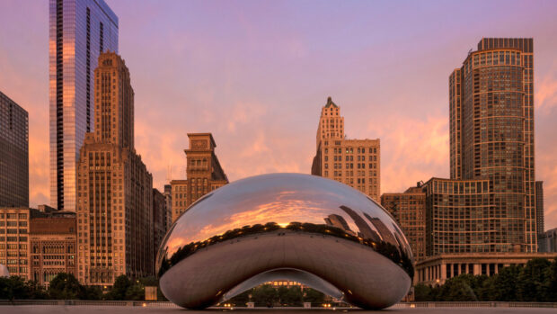 Cloud Gate Chicago reflects the colorful sunset and city skyline, HD Desktop Wallpaper