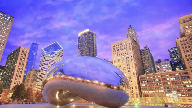 Cloud Gate Chicago captures city lights and reflections during twilight, HD Desktop Wallpaper
