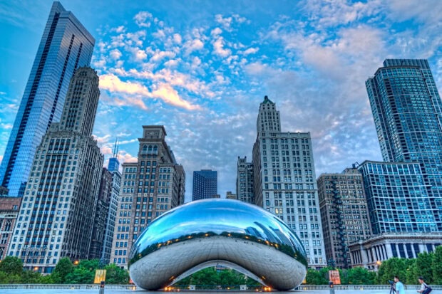 The Cloud Gate sculpture reflects the surrounding Chicago skyline under a vibrant sky, HD Desktop Wallpaper