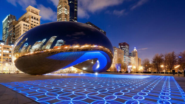 The Cloud Gate Chicago Wallpapers sculpture shines with city lights and blue patterns at night, HD Desktop Wallpaper