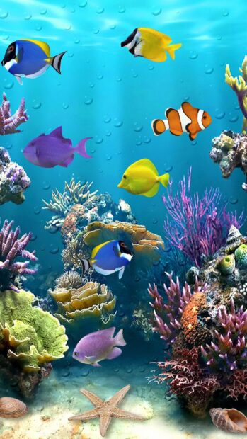 A vibrant clownfish swimming among colorful reef fish and corals in a clear underwater scene
