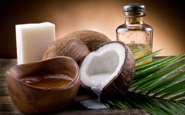 A close up of coconut with milk flowing on tropical leaves and natural spa ingredients