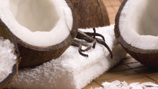 Close up of coconut shells and vanilla beans on a white towel