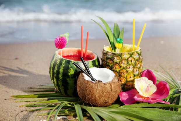A coconut drink with straws on a beach with tropical drink arrangements and a pink flower