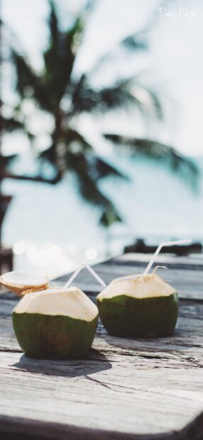 Two fresh coconut drinks on wooden table with palm tree in background