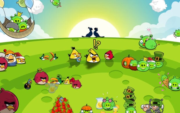Các nhân vật Angry Birds tận hưởng một ngày nắng với những chú lợn xanh trong một khung cảnh sống động, Hình nền máy tính HD