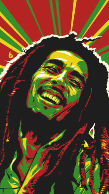 A colorful portrait of Bob Marley with vibrant red, green, and yellow rays behind him, 4K Phone Wallpaper