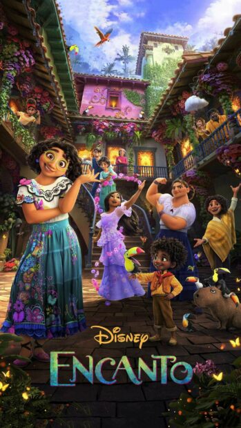 The Encanto family stands in a vibrant courtyard with flowers and birds, 2K Mobile Wallpaper