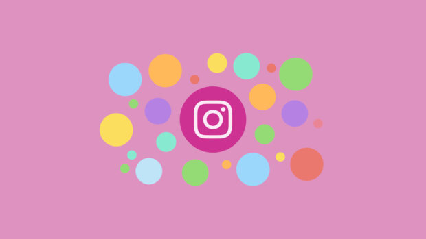 Colorful Instagram logo surrounded by pastel circles on a pink background for Instagram Wallpapers, 2K Desktop Wallpaper