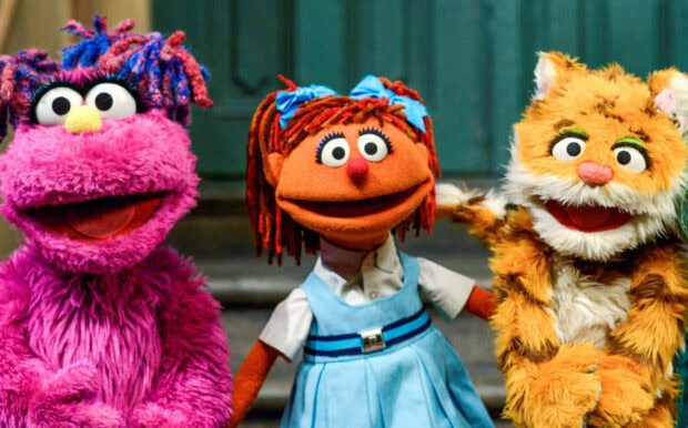 Three Sesame Street characters stand together smiling and facing forward, HD Desktop Wallpaper