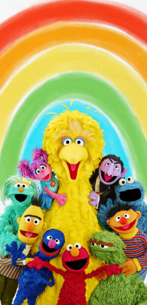 The Sesame Street characters are gathered happily under a vibrant rainbow, HD Phone Wallpaper