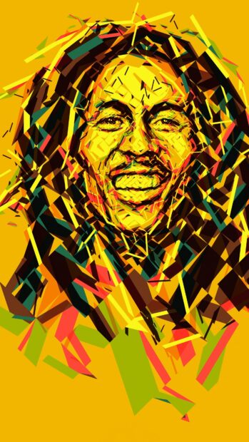 A vibrant abstract portrait showing Bob Marley in geometric shapes and bright colors, 4K Phone Wallpaper