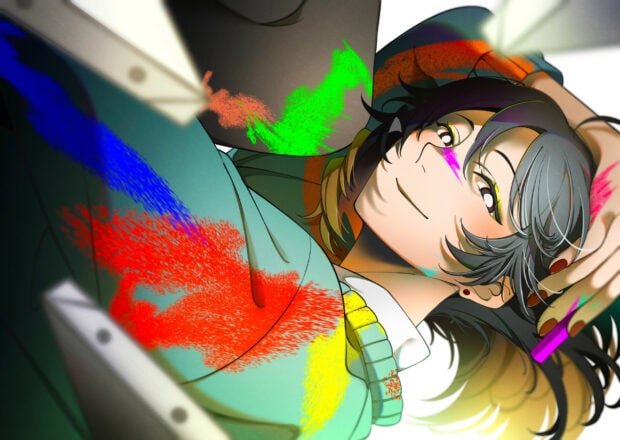 A smiling anime character with paint splashes wearing a green sweater, HD Mobile Wallpaper