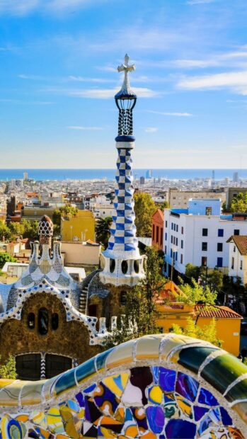 The colorful architecture with mosaic tiles overlooks the city of Barcelona in Spain, HD Mobile Wallpaper
