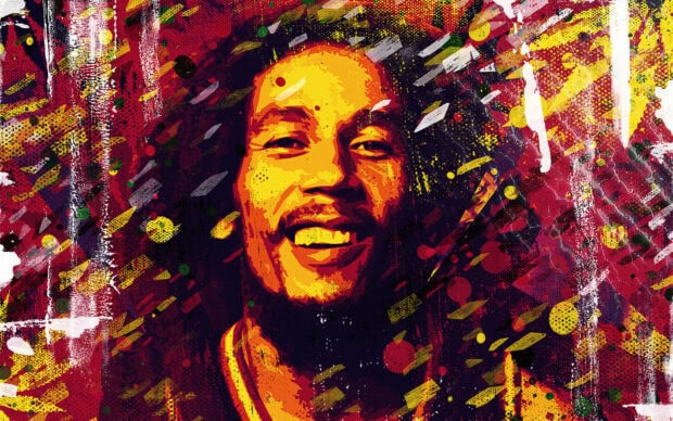 A vibrant digital painting showing Bob Marley with bright abstract patterns, HD Desktop Wallpaper