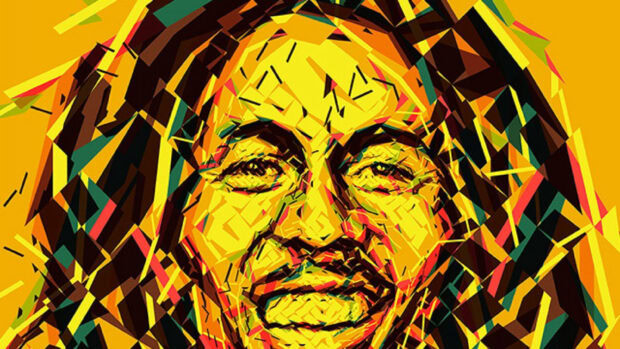 A colorful geometric portrait of Bob Marley with vibrant yellow and orange tones, HD Desktop Wallpaper