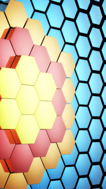 A colorful geometric honeycomb pattern with yellow, orange, and blue hexagons, HD Mobile Wallpaper