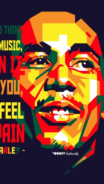 A vibrant geometric portrait features Bob Marley with text on a dark background, 4K Phone Wallpaper
