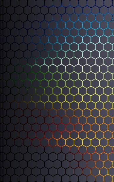 The image shows a colorful honeycomb pattern with gradient colors on a dark surface, 2K Phone Wallpaper
