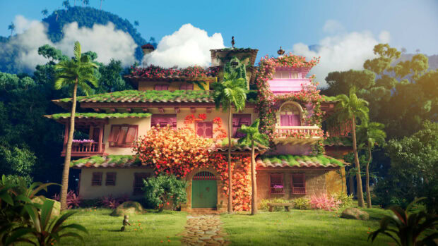 A charming magical house covered in vibrant flowers surrounded by palm trees and a lush garden in Encanto, HD Desktop Wallpaper