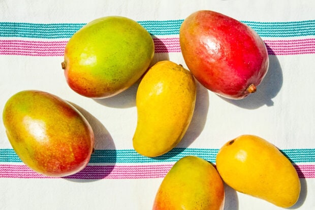 Colorful mangoes are arranged on a white cloth with striped patterns in this Mango Wallpapers, HD Desktop Wallpaper