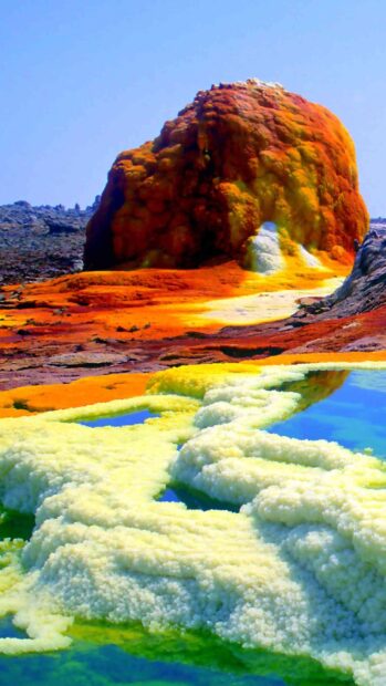 A colorful sulfur formation in Ethiopia creates a vibrant and unique natural landscape scene, 4K Phone Wallpaper