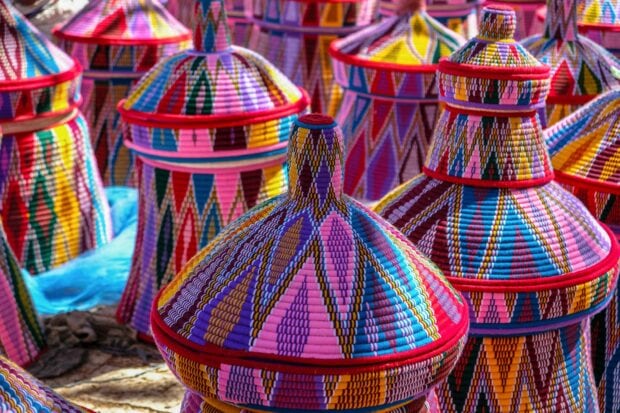 Brightly woven traditional baskets with vivid patterns from Ethiopia, HD Desktop Wallpaper